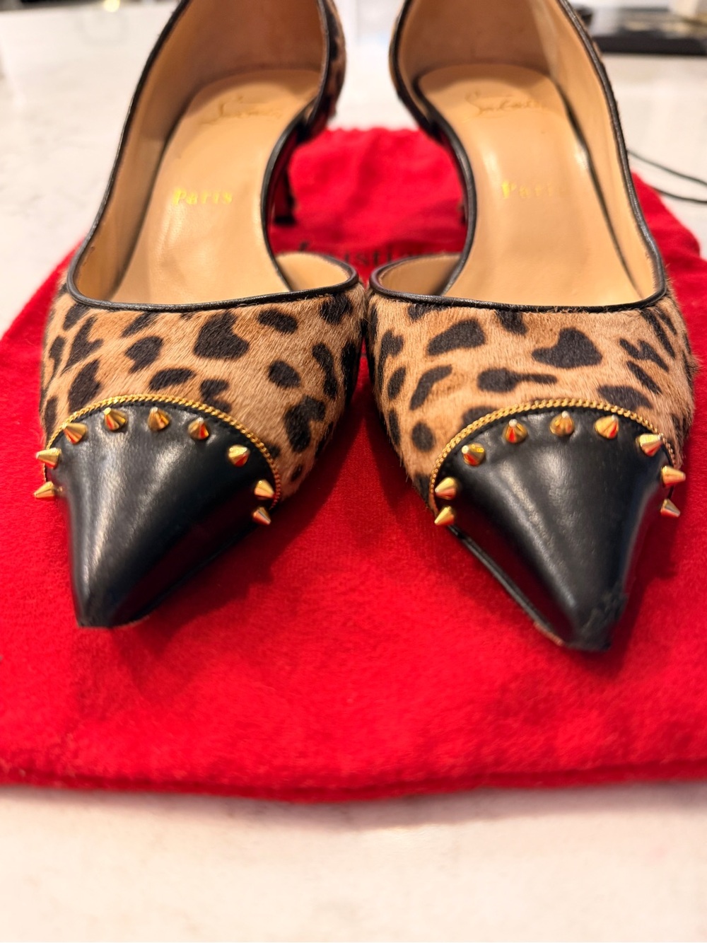 Christian Louboutin Leopard Print Pointed Toe Pumps with Black Caps - Picture 2 of 8